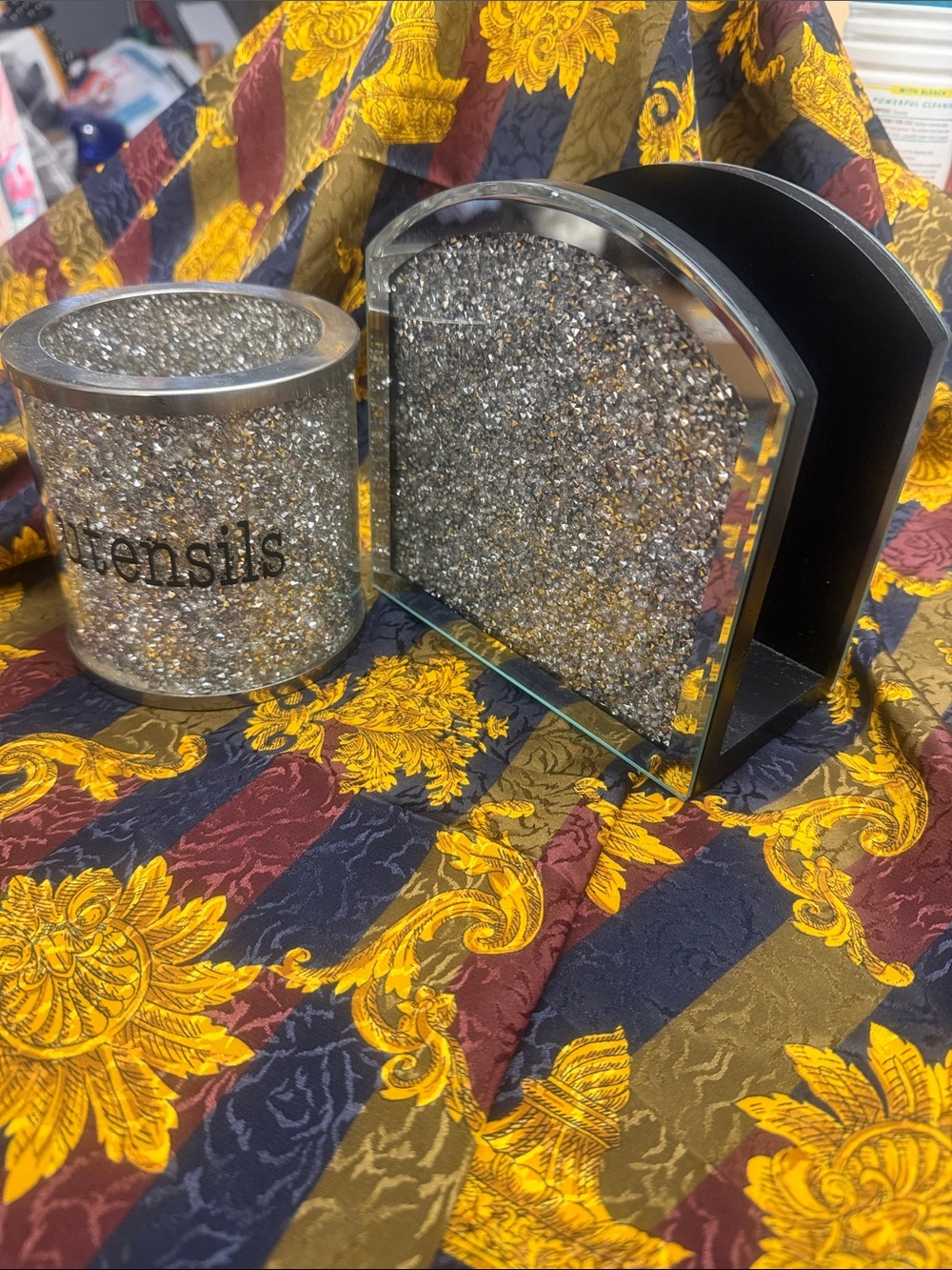 Glitter Silver Utensil Holder and Napkin/Letter Holder Set - Silver